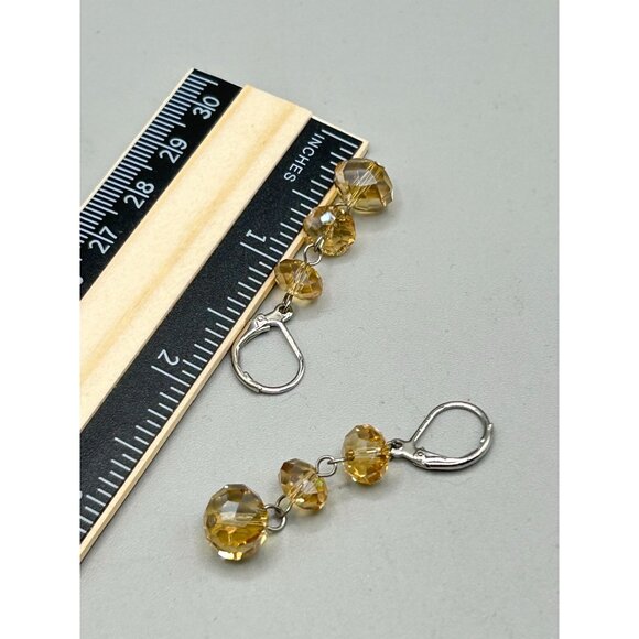 Faceted Crystals Dangles Earrings Leverback Triple Bead Sterling Silver 925 - Picture 6 of 6